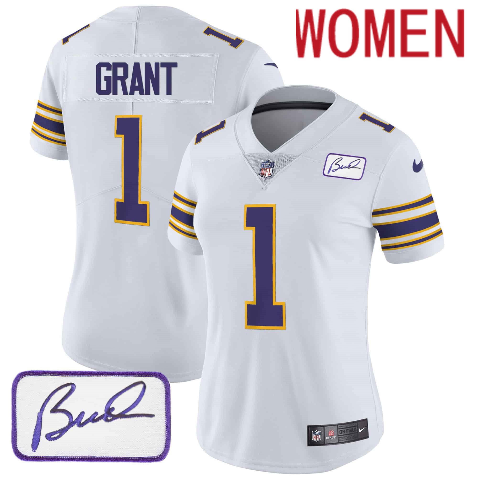 Women Minnesota Vikings #1 Grant White 2024 Nike Bud Grant Patch Classic Limited NFL Jersey